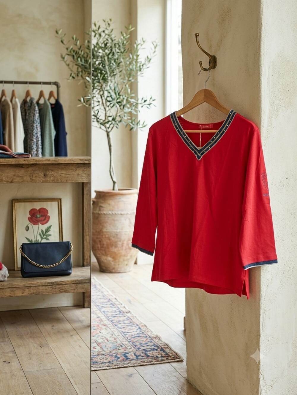 Women's Red V-Neck Embellished Trim Top
